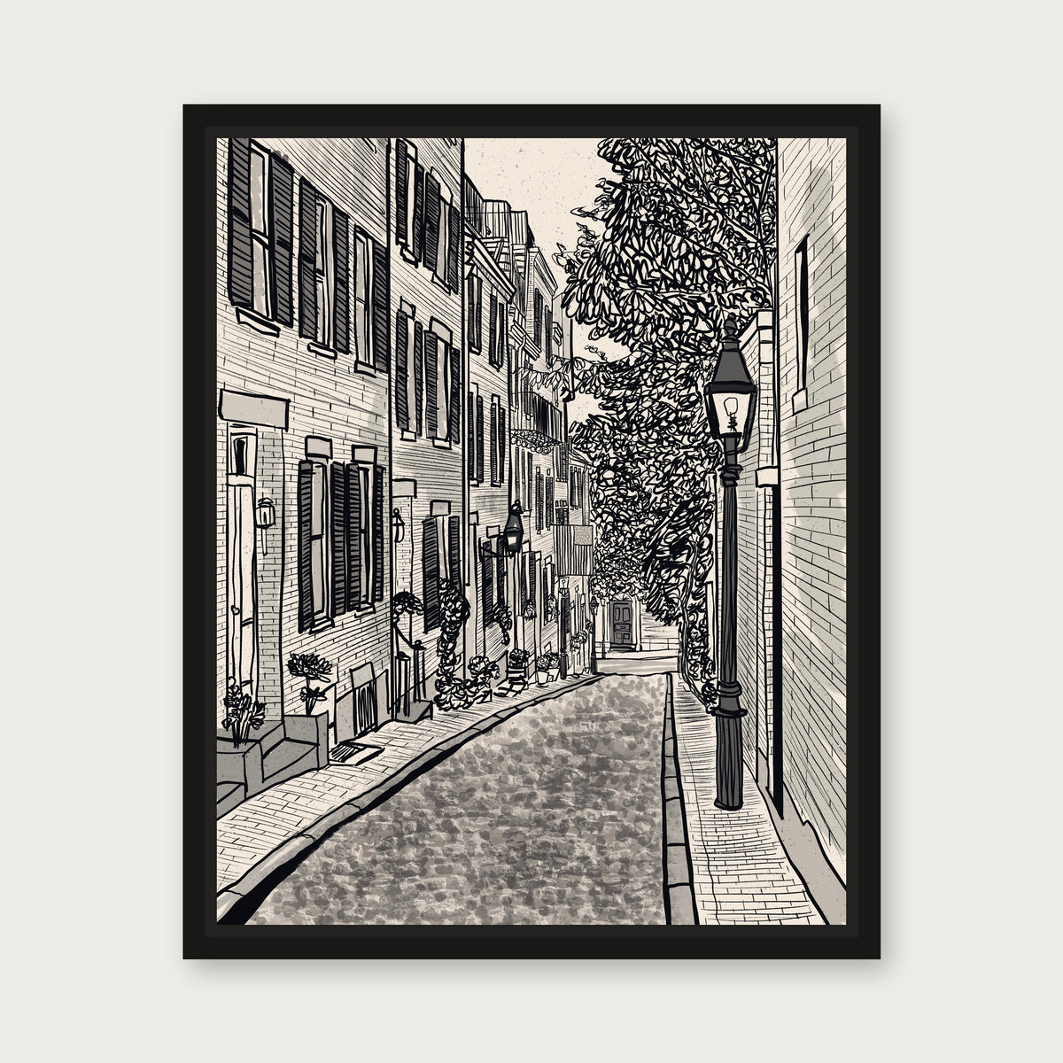 Acorn Street Boston Floating Frame Canvas - Black floating frame