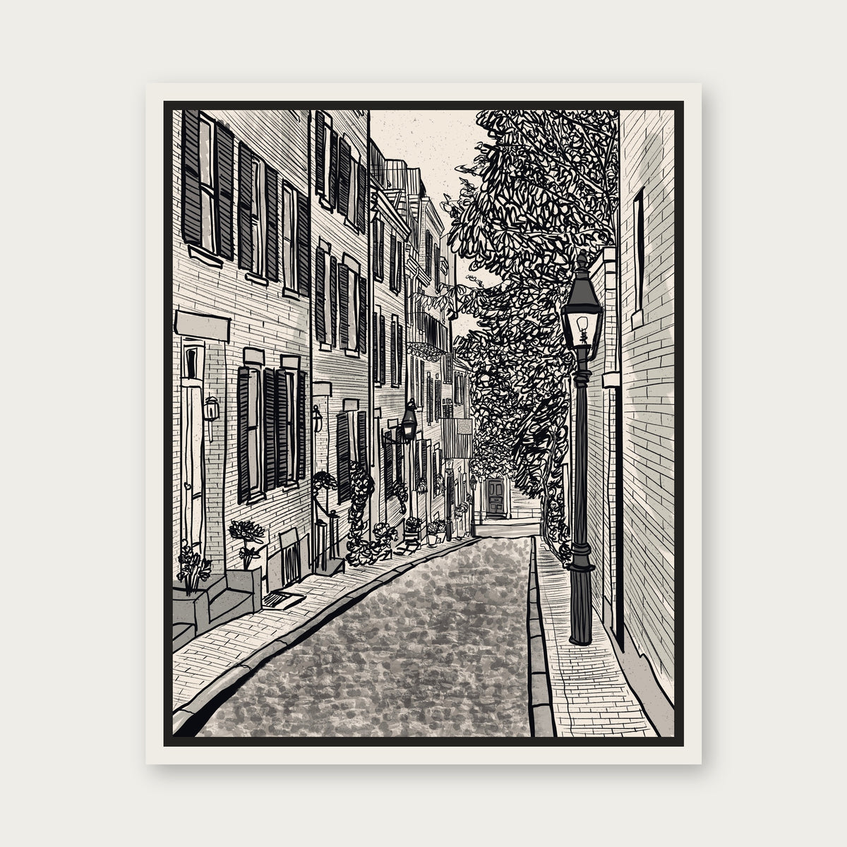 Acorn Street Boston Floating Frame Canvas - White floating frame