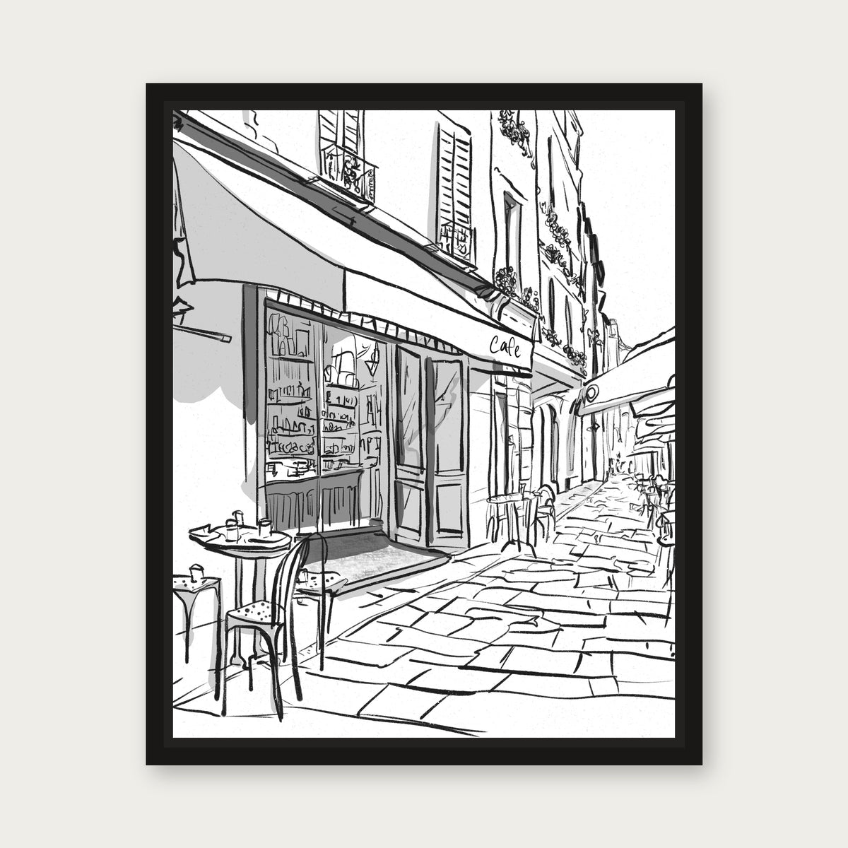 Afternoon Cafe Floating Frame Canvas - Black floating frame