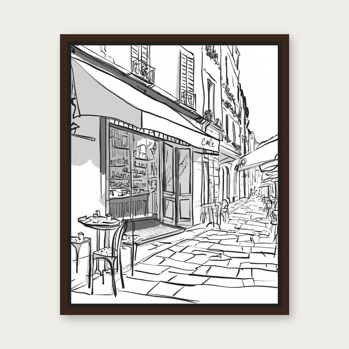 Afternoon Cafe Floating Frame Canvas - Espresso floating frame