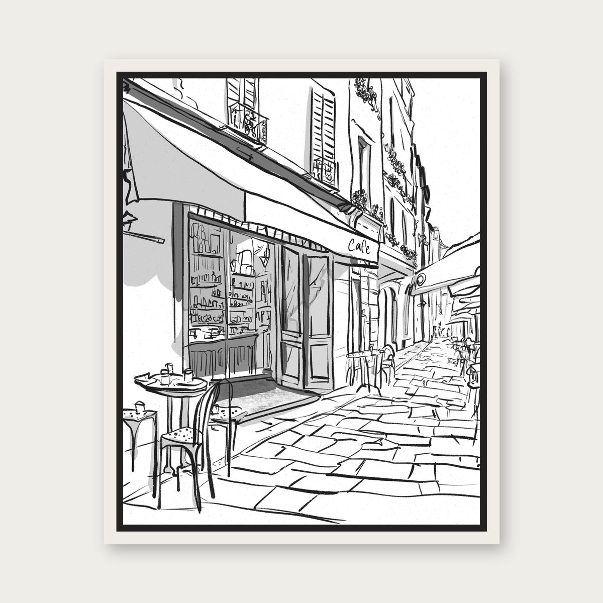 Afternoon Cafe Floating Frame Canvas - White floating frame