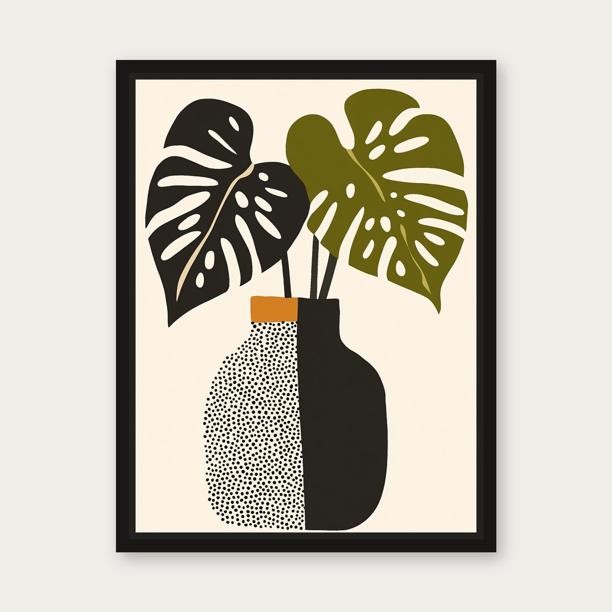 Monsterra Vase Floating Frame Canvas - Black floating frame